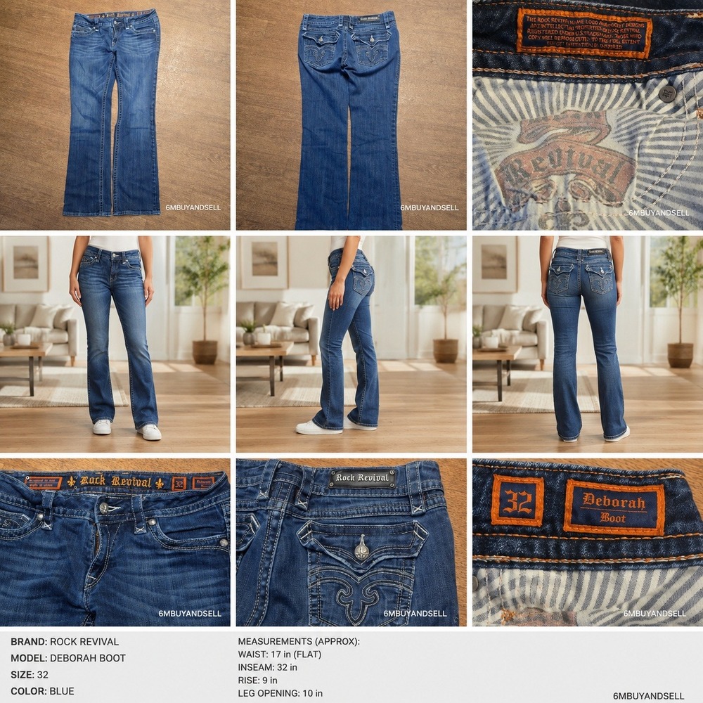 Rock Revival Deborah Bootcut Jeans Womens 32 Blue Denim RRJ8137T Fleur De‎ Lis
